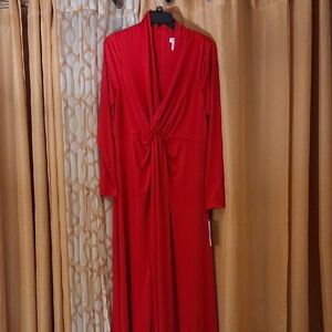 DKNY Red Long Sleeve Twist-Front Maxi Dress